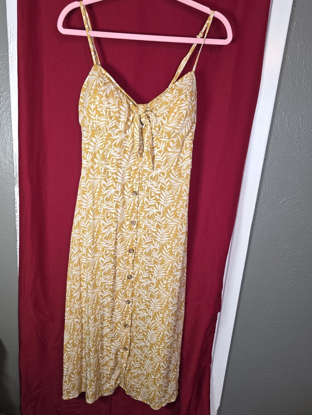 AUW Yellow Floral Button-Front Tie-Detail Midi Dress